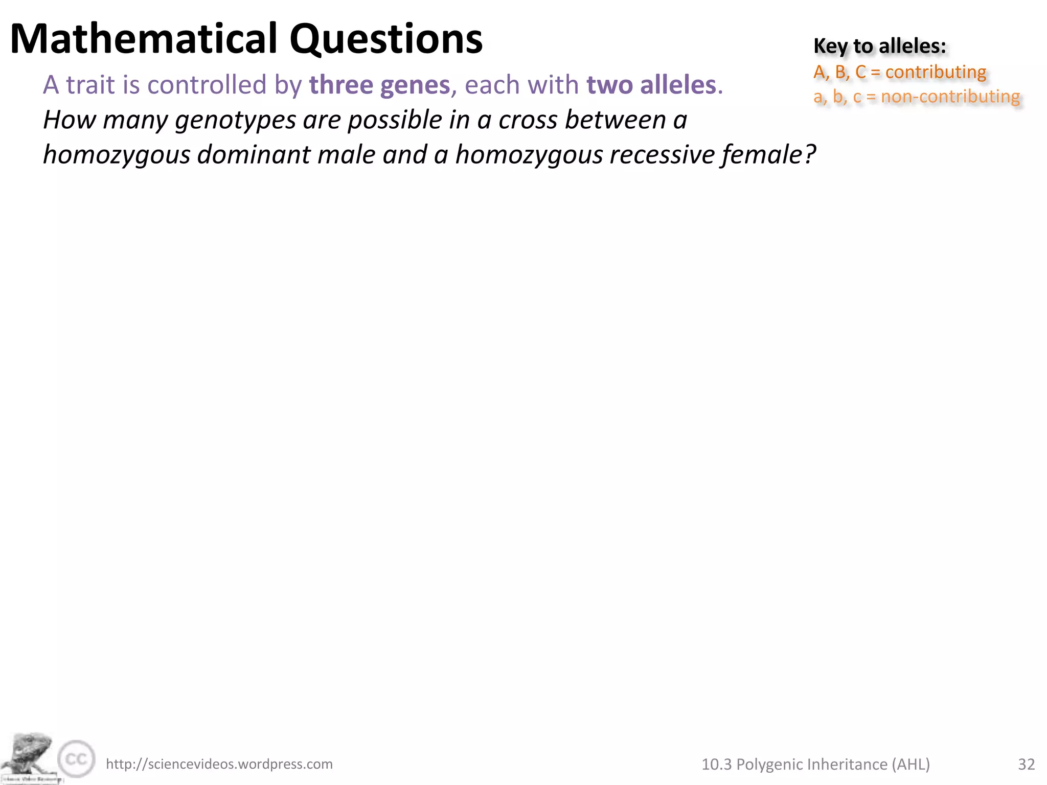 Mathematical QuestionsKey to alleles:A = contributinga = non-contributingB = contributingb = non-contributingA trait is controlled by two genes, each with two alleles.How many genotypes & phenotypes are possible for this trait? 24310There are 16 combinations of parent alleles, making 9 different genotypes.These make up 5 different phenotypes.  10.3 Polygenic Inheritance (AHL)26http://sciencevideos.wordpress.com