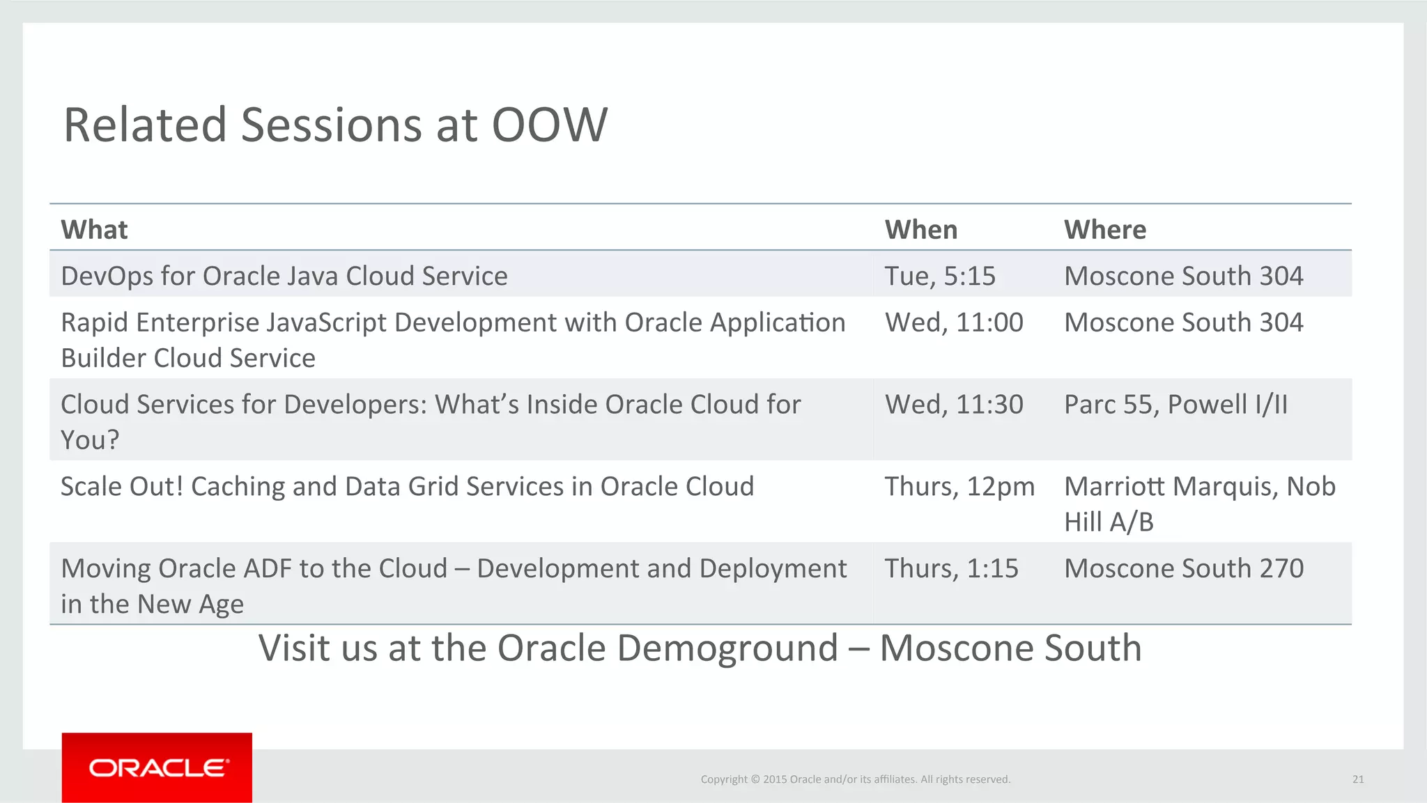 Copyright	
  ©	
  2015	
  Oracle	
  and/or	
  its	
  aﬃliates.	
  All	
  rights	
  reserved.	
  	
  
AddiFonal	
  Resources	
  
All	
  available	
  @	
  hap://cloud.oracle.com	
  
21	
  
DATA	
  
SHEETS	
  
VIDEOS	
  
RESOURCES	
  
PAPERS	
  
 