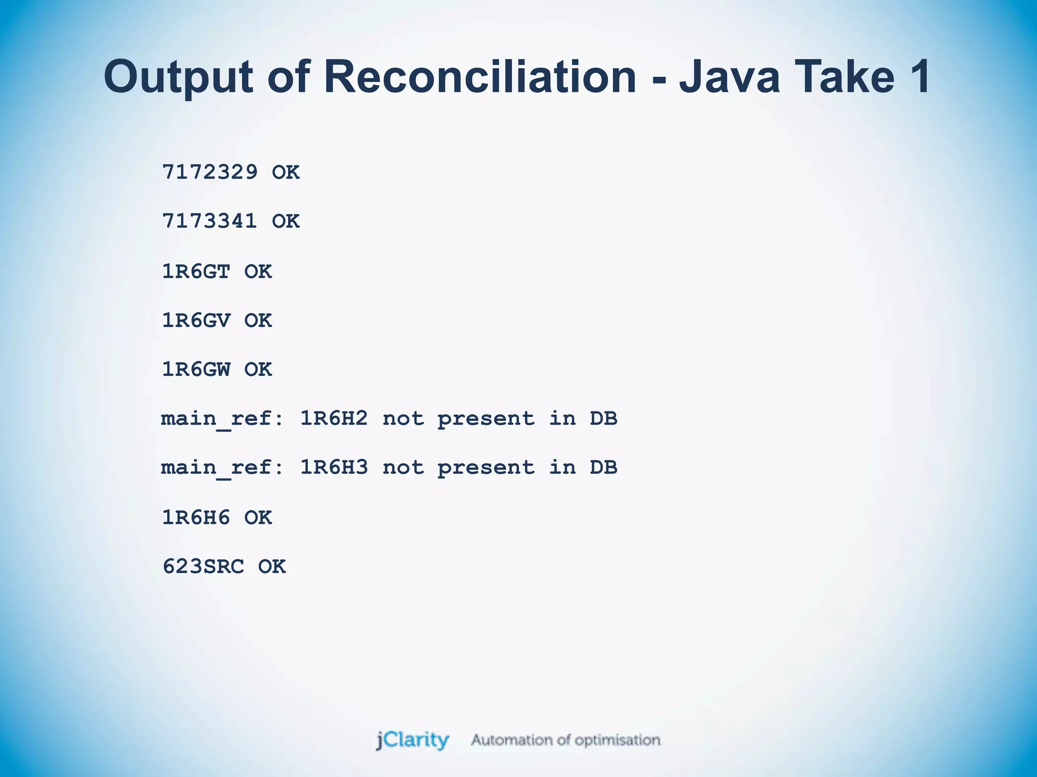 Output of Reconciliation - Java Take 1
  7172329 OK

  7173341 OK

  1R6GT OK

  1R6GV OK

  1R6GW OK

  main_ref: 1R6H2 not present in DB

  main_ref: 1R6H3 not present in DB

  1R6H6 OK

  623SRC OK
 