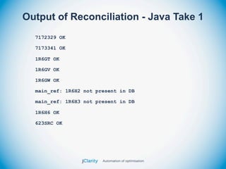 Output of Reconciliation - Java Take 1
  7172329 OK

  7173341 OK

  1R6GT OK

  1R6GV OK

  1R6GW OK

  main_ref: 1R6H2 not present in DB

  main_ref: 1R6H3 not present in DB

  1R6H6 OK

  623SRC OK
 