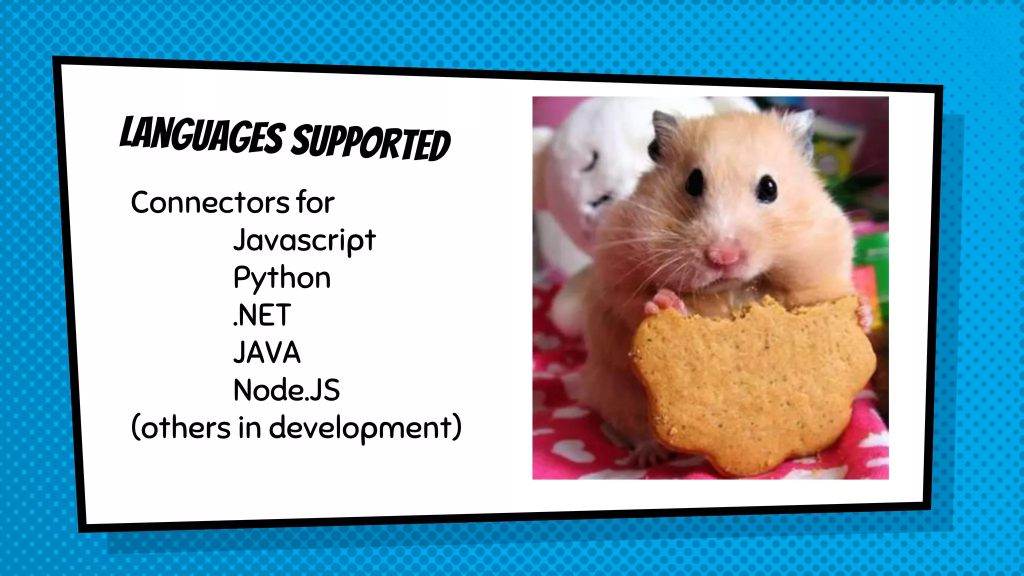 Connectors for
Javascript
Python
.NET
JAVA
Node.JS
(others in development)
 