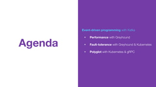 Agenda
Event-driven programming with Kafka
+ Performance with Greyhound
+ Fault-tolerance with Greyhound & Kubernetes
+ Po...