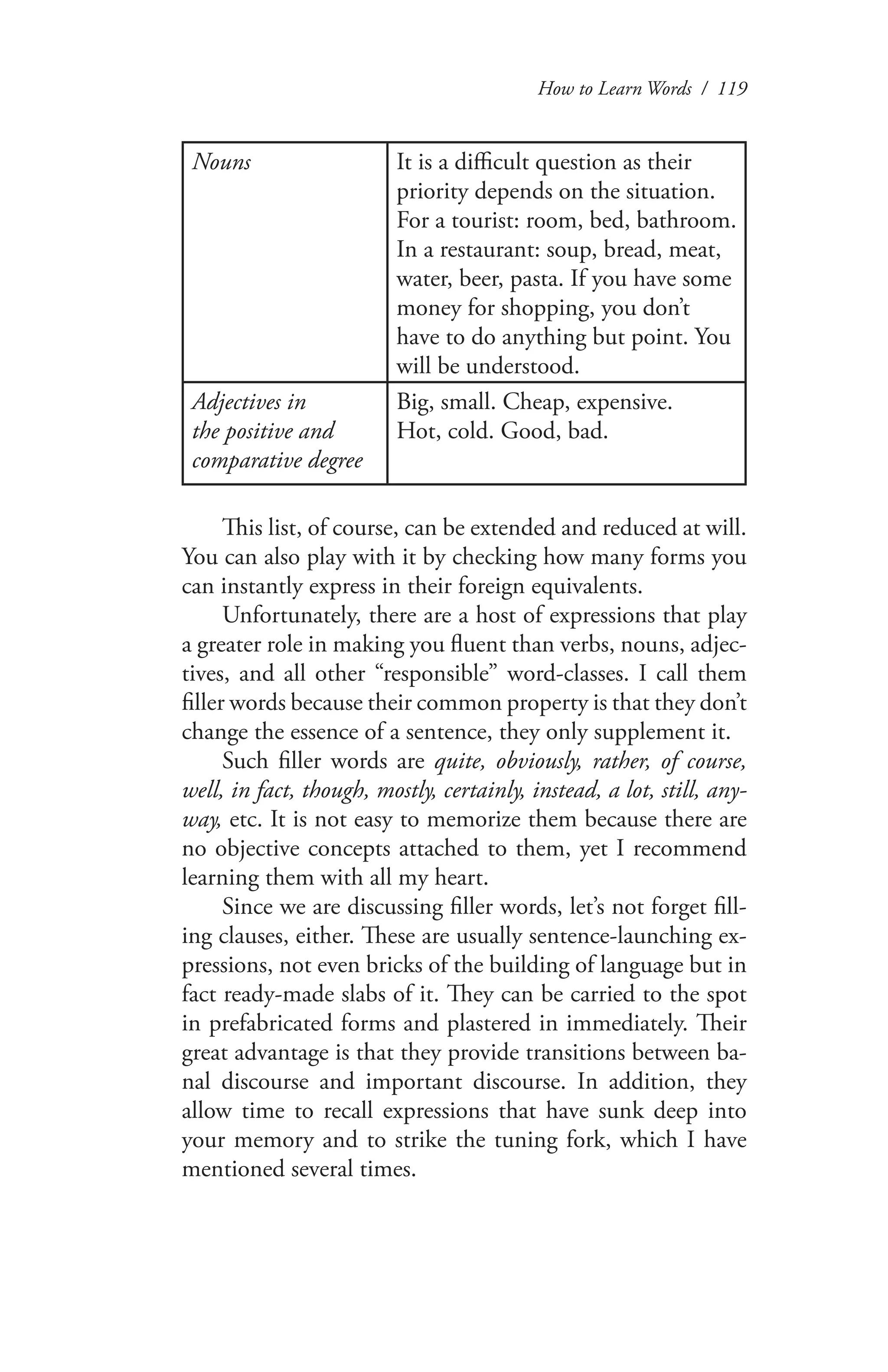 How to Learn Words / 119
Nouns It is a difficult question as their
priority depends on the situation.
For a tourist: room, bed, bathroom.
In a restaurant: soup, bread, meat,
water, beer, pasta. If you have some
money for shopping, you don’t
have to do anything but point. You
will be understood.
Adjectives in
the positive and
comparative degree
Big, small. Cheap, expensive.
Hot, cold. Good, bad.
This list, of course, can be extended and reduced at will.
You can also play with it by checking how many forms you
can instantly express in their foreign equivalents.
Unfortunately, there are a host of expressions that play
a greater role in making you fluent than verbs, nouns, adjec-
tives, and all other “responsible” word-classes. I call them
filler words because their common property is that they don’t
change the essence of a sentence, they only supplement it.
Such filler words are quite, obviously, rather, of course,
well, in fact, though, mostly, certainly, instead, a lot, still, any-
way, etc. It is not easy to memorize them because there are
no objective concepts attached to them, yet I recommend
learning them with all my heart.
Since we are discussing filler words, let’s not forget fill-
ing clauses, either. These are usually sentence-launching ex-
pressions, not even bricks of the building of language but in
fact ready-made slabs of it. They can be carried to the spot
in prefabricated forms and plastered in immediately. Their
great advantage is that they provide transitions between ba-
nal discourse and important discourse. In addition, they
allow time to recall expressions that have sunk deep into
your memory and to strike the tuning fork, which I have
mentioned several times.
 