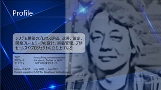 Profile
ブログ : http://blog.processtune.com
プロフィール : Facebook, Twitter or MVP
コミュニティ : .NETラボの運営スタッフ
Microsoft MVP : July 2010 ～ Jun 2022
Current expertise : MVP for Developer Technologies
システム構築のプロセス評価、改善、策定、
開発フレームワークの設計、実装管理、プリ
セールスやプロジェクトの立ち上げなど
 