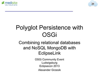 Polyglot Persistence with
OSGi
Combining relational databases
and NoSQL MongoDB with
EclipseLink
OSGi Community Event
Ludwigsburg
Eclipsecon 2013
Alexander Grzesik

 
