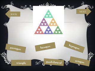 NEXT
BACK




                                   hep
                    on                 tago
pentag
      on       hexag                       n




                  quadrilatera             octag
    triangle                   l                on
 