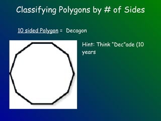 Classifying Polygons by # of Sides 10 sided Polygon  =  Decagon Hint: Think “Dec”ade (10 years 
