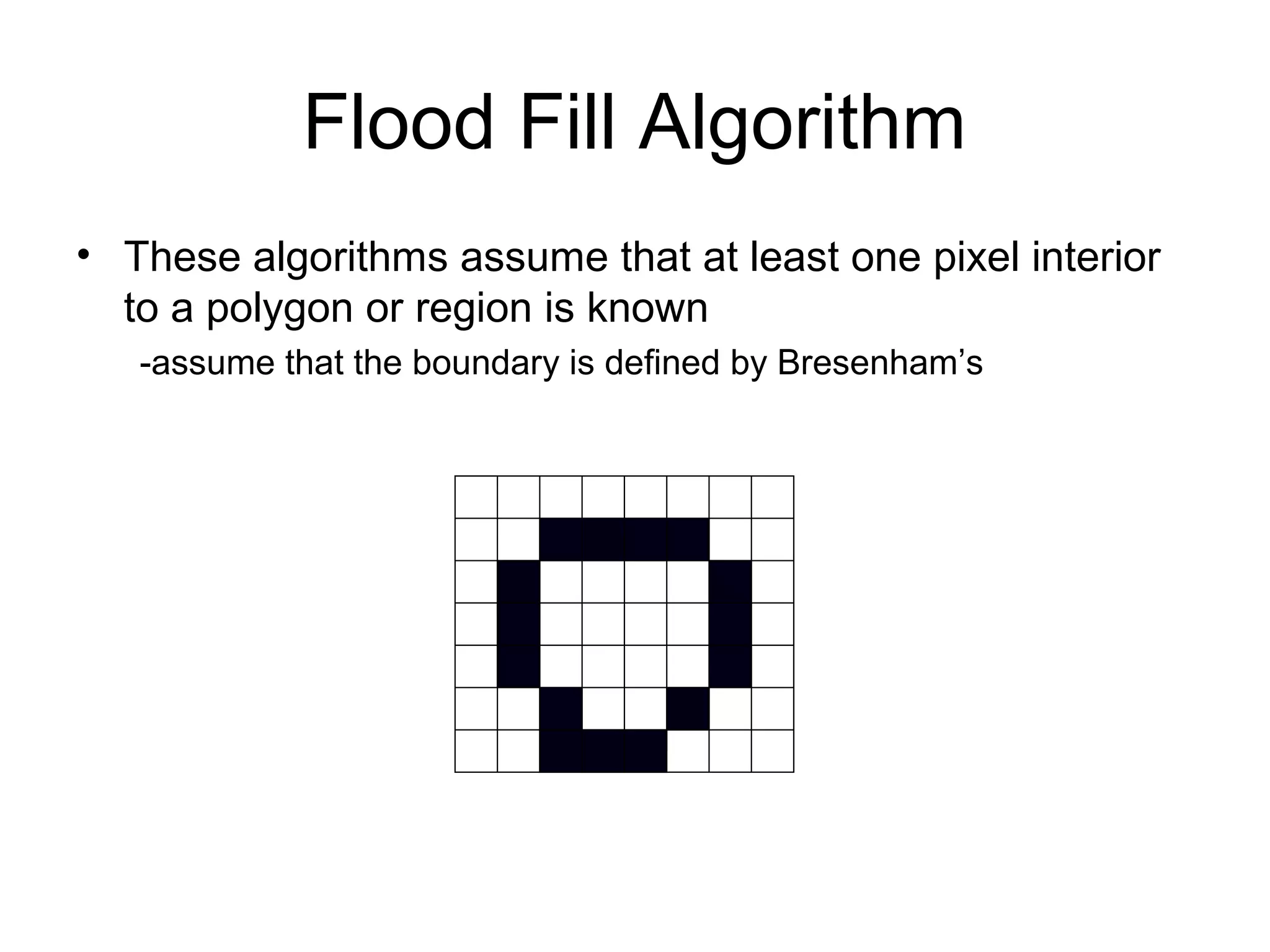 Flood Fill Algorithm
• These algorithms assume that at least one pixel interior
to a polygon or region is known
-assume that the boundary is defined by Bresenham’s

 