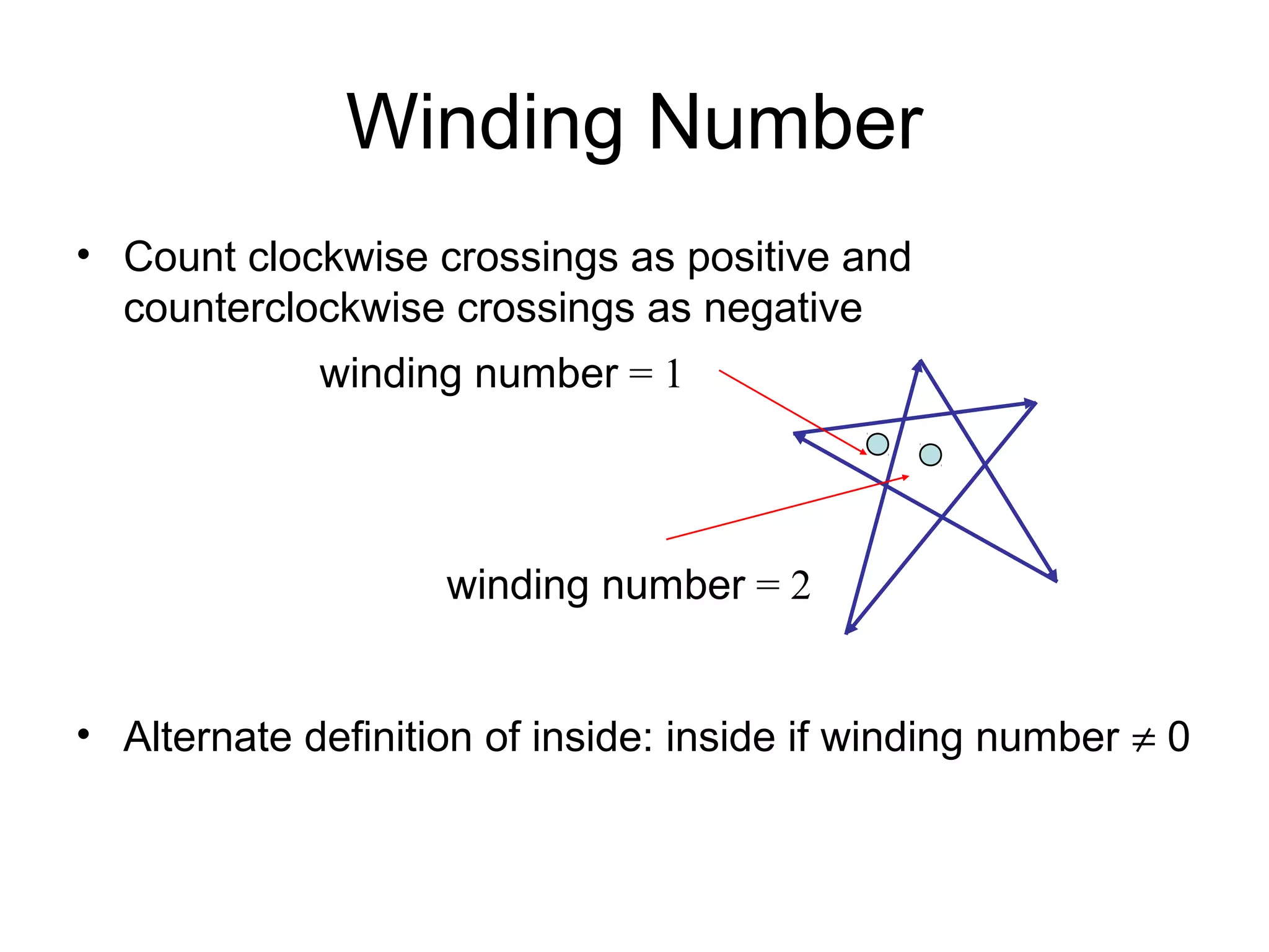 Winding Number
• Count clockwise crossings as positive and
counterclockwise crossings as negative
winding number = 1

winding number = 2
• Alternate definition of inside: inside if winding number ≠ 0

 