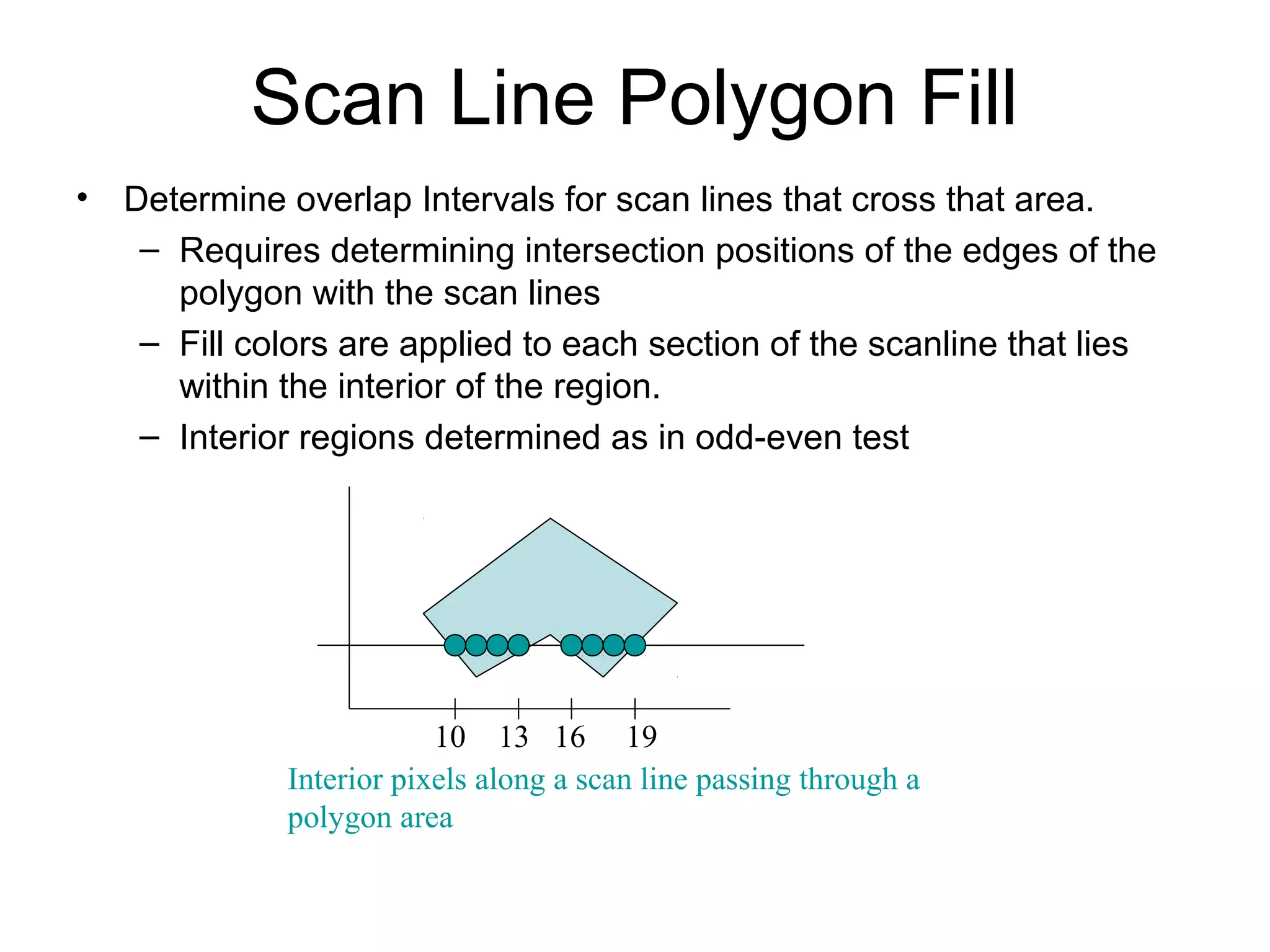 Scan Line Polygon Fill
•

Determine overlap Intervals for scan lines that cross that area.
– Requires determining intersection positions of the edges of the
polygon with the scan lines
– Fill colors are applied to each section of the scanline that lies
within the interior of the region.
– Interior regions determined as in odd-even test

10 13 16 19
Interior pixels along a scan line passing through a
polygon area

 