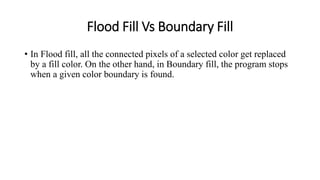 Flood Fill Vs Boundary Fill
• In Flood fill, all the connected pixels of a selected color get replaced
by a fill color. On the other hand, in Boundary fill, the program stops
when a given color boundary is found.
 