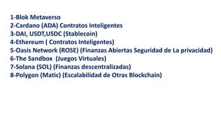 1-Blok Metaverso
2-Cardano (ADA) Contratos Inteligentes
3-DAI, USDT,USDC (Stablecoin)
4-Ethereum ( Contratos Inteligentes)
5-Oasis Network (ROSE) (Finanzas Abiertas Seguridad de La privacidad)
6-The Sandbox (Juegos Virtuales)
7-Solana (SOL) (Finanzas descentralizadas)
8-Polygon (Matic) (Escalabilidad de Otras Blockchain)
 