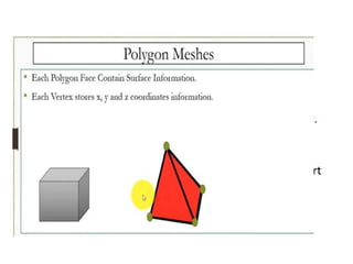 6
Introduction
• Parametric bivariate (two-variable)
polynomial surface patches:
– point on 3D surface = (x(u,v), y(u,v), z(u,v))
– boundaries of the patches are parametric
polynomial curves
– many fewer parametric patches than
polynomial patches are needed to approximate
a curved surface to a given accuracy
– more complex algorithms though
 