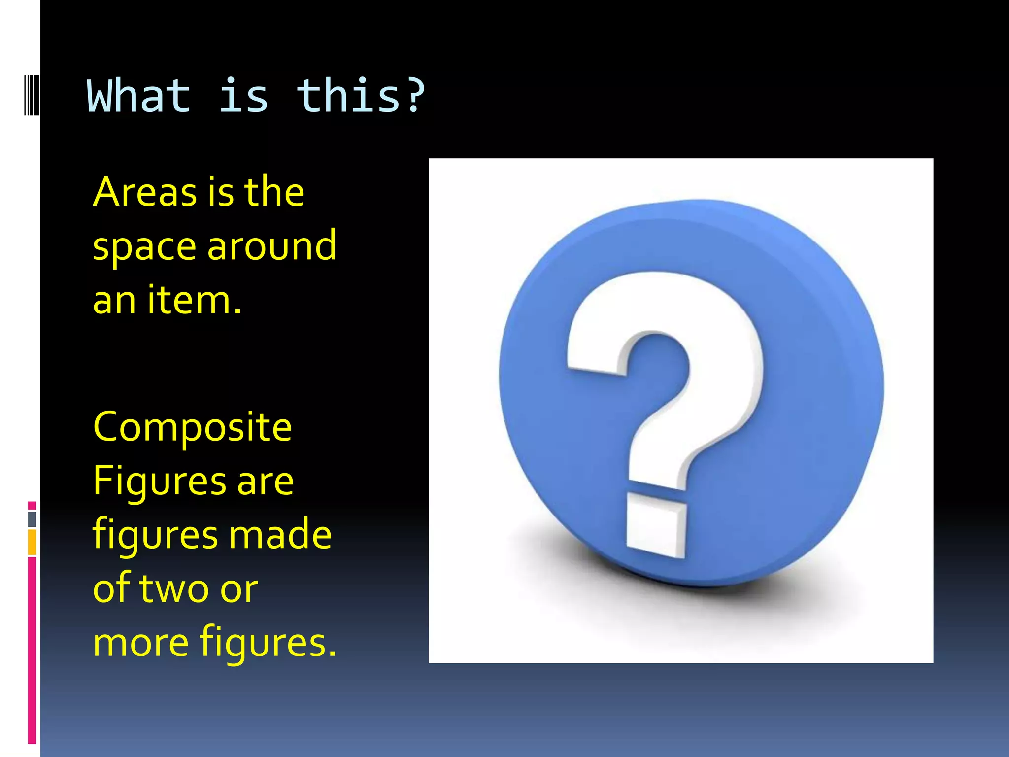 What is this?Areas is the space around an item.Composite Figures are figures made of two or more figures.
