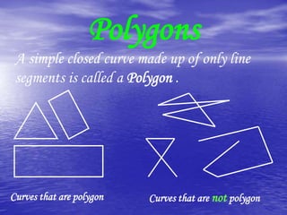 Polygons
A simple closed curve made up of only line
segments is called a Polygon .

Curves that are polygon

Curves that are not polygon

 