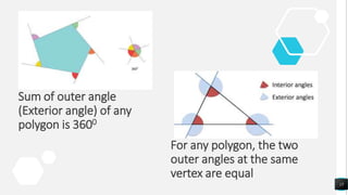 Sum of outer angle
(Exterior angle) of any
polygon is 3600
For any polygon, the two
outer angles at the same
vertex are equal
15
 