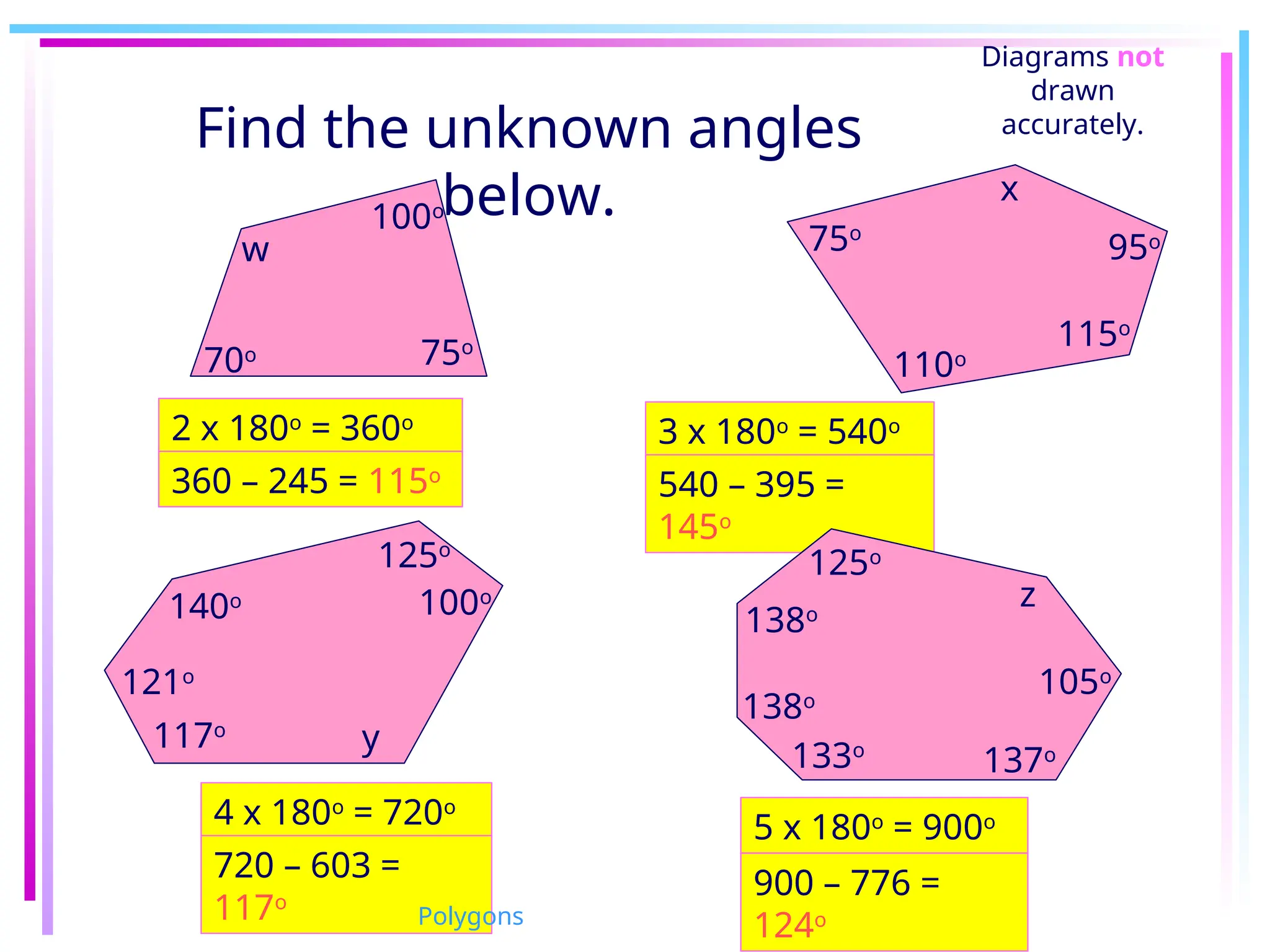 2 x 180o
= 360o
360 – 245 = 115o
3 x 180o
= 540o
540 – 395 =
145o
y
117o
121o
100o
125o
140o z
133o
137o
138o
138o
125o
105o
Find the unknown angles
below.
Diagrams not
drawn
accurately.
75o
100o
70o
w
x
115o
110o
75o
95o
4 x 180o
= 720o
720 – 603 =
117o
5 x 180o
= 900o
900 – 776 =
124o
Polygons
 