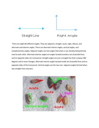 There are eight (8) different angles. They are adjacent, straight, acute, right, obtuse, and
alternate and exterior angles. There are alternate interior angles, vertical angles, and
complementary angles. Adjacent angles are two angles that share a ray, thereby being directly
next to each other. Alternate exterior angles are angles located outside a set of parallel lines
and on opposite sides of a transversal. Straight angles are just a straight line that is always 180
degrees and it never changes. Alternate interior angles located inside set of parallel lines and on
opposite sides of the transversal. Vertical angles are the two non- adjacent angles formed when
two straight lines intersect.
 