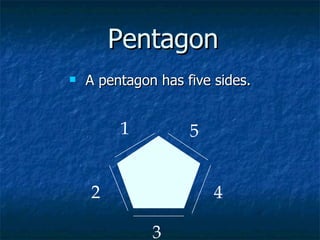 Pentagon <ul><li>A pentagon has five sides. </li></ul>1 2 3 4 5 