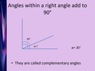 Angles within a right angle add to 90° ,[object Object],60° a=?  a= 30° 