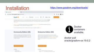 Installation https://www.graalvm.org/downloads/
Docker
containers
available.
docker pull
oracle/graalvm-ce:19.0.2
 