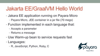 Jakarta EE/GraalVM Hello World
• Jakara EE application running on Payara Micro
• Payara Micro, JEE container in a jar file (70 megs)
• Function implemented in each language that:
• Accepts a parameter
• Returns a message
• Use Warm-up bean to service requests fast
• Languages:
• R, JavaScript, Python, Ruby, C
 