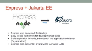Express + Jakarta EE
Wrap
• Express web framework for Node.js
• Easy-to-use framework for developing web apps
• Start application in Node, then launch the application container
(Payara Micro)
• Express then calls into Payara Micro to invoke EJBs
 