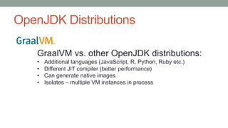 OpenJDK Distributions
GraalVM vs. other OpenJDK distributions:
• Additional languages (JavaScript, R, Python, Ruby etc.)
• Different JIT compiler (better performance)
• Can generate native images
• Isolates – multiple VM instances in process
 