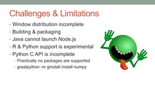 Challenges & Limitations
• Window distribution incomplete
• Building & packaging
• Java cannot launch Node.js
• R & Python support is experimental
• Python C API is incomplete
• Practically no packages are supported
• graalpython -m ginstall install numpy
 