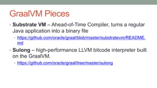 GraalVM Pieces
• Substrate VM – Ahead-of-Time Compiler, turns a regular
Java application into a binary file
• https://github.com/oracle/graal/blob/master/substratevm/README.
md
• Sulong – high-performance LLVM bitcode interpreter built
on the GraalVM.
• https://github.com/oracle/graal/tree/master/sulong
 
