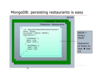 MongoDB: persisting restaurants is easy
                                                        Server
                                   Database: Food To Go
                              Collection: Restaurants
     {
         "_id" : ObjectId("4bddc2f49d1505567c6220a0")
         "name": "Ajanta",
         "serviceArea": ["94619", "99999"],                      BSON =
         "openingHours": [
            {
                                                                 binary
               "dayOfWeek": 1,                                   JSON
              "open": 1130,
              "close": 1430 },
            {                                                    Sequence
                "dayOfWeek": 2,
                "open": 1130,
                                                                 of bytes on
                "close": 1430                                    disk  fast
             }, …
          ]
                                                                 i/o
     }




             39
 