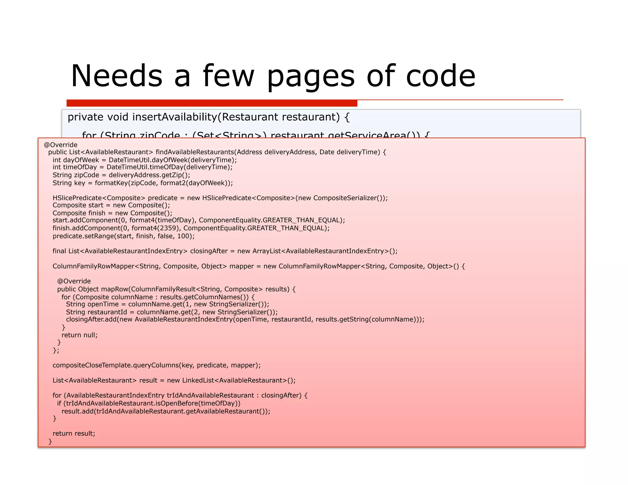 Needs a few pages of code
         private void insertAvailability(Restaurant restaurant) {
                for (String zipCode : (Set<String>) restaurant.getServiceArea()) {
@Override         for (TimeRange tr : (Set<TimeRange>) restaurant.getOpeningHours()) {
 public List<AvailableRestaurant> findAvailableRestaurants(Address deliveryAddress, Date deliveryTime) {
                    String dayOfWeek = format2(tr.getDayOfWeek());
  int dayOfWeek = DateTimeUtil.dayOfWeek(deliveryTime);
                    String openingTime = format4(tr.getOpeningTime());
  int timeOfDay = DateTimeUtil.timeOfDay(deliveryTime);
                    String closingTime = format4(tr.getClosingTime());
  String zipCode = deliveryAddress.getZip();
  String key = formatKey(zipCode, format2(dayOfWeek));
                    String restaurantId = format8(restaurant.getId());
     HSlicePredicate<Composite> predicate = new HSlicePredicate<Composite>(new CompositeSerializer());
                        String key = formatKey(zipCode, dayOfWeek);
     Composite start = new Composite();
                        String columnValue = toJson(restaurant);
     Composite finish = new Composite();
     start.addComponent(0, format4(timeOfDay), ComponentEquality.GREATER_THAN_EQUAL);
     finish.addComponent(0, format4(2359), ComponentEquality.GREATER_THAN_EQUAL);
                   Composite columnName = new Composite();
     predicate.setRange(start, finish, false, 100);
                   columnName.add(0, closingTime);
     final List<AvailableRestaurantIndexEntry> closingAfter = new ArrayList<AvailableRestaurantIndexEntry>();
                   columnName.add(1, openingTime);
                   columnName.add(2, restaurantId);
     ColumnFamilyRowMapper<String, Composite, Object> mapper = new ColumnFamilyRowMapper<String, Composite, Object>() {

      @Override
                        ColumnFamilyUpdater<String, Composite> updater
      public Object mapRow(ColumnFamilyResult<String, Composite> results) {
                                      = compositeCloseTemplate.createUpdater(key);
        for (Composite columnName : results.getColumnNames()) {
          String openTime = columnName.get(1, new StringSerializer());
                        updater.setString(columnName, columnValue);
          String restaurantId = columnName.get(2, new StringSerializer());
          closingAfter.add(new AvailableRestaurantIndexEntry(openTime, restaurantId, results.getString(columnName)));
        }
        return null;
      }
     };
                        compositeCloseTemplate.update(updater);
                    }
     compositeCloseTemplate.queryColumns(key, predicate, mapper);
                }
     List<AvailableRestaurant> result = new LinkedList<AvailableRestaurant>();
            }
     for (AvailableRestaurantIndexEntry trIdAndAvailableRestaurant : closingAfter) {
       if (trIdAndAvailableRestaurant.isOpenBefore(timeOfDay))
         result.add(trIdAndAvailableRestaurant.getAvailableRestaurant());
     }

     return result;
 }                                        59
 