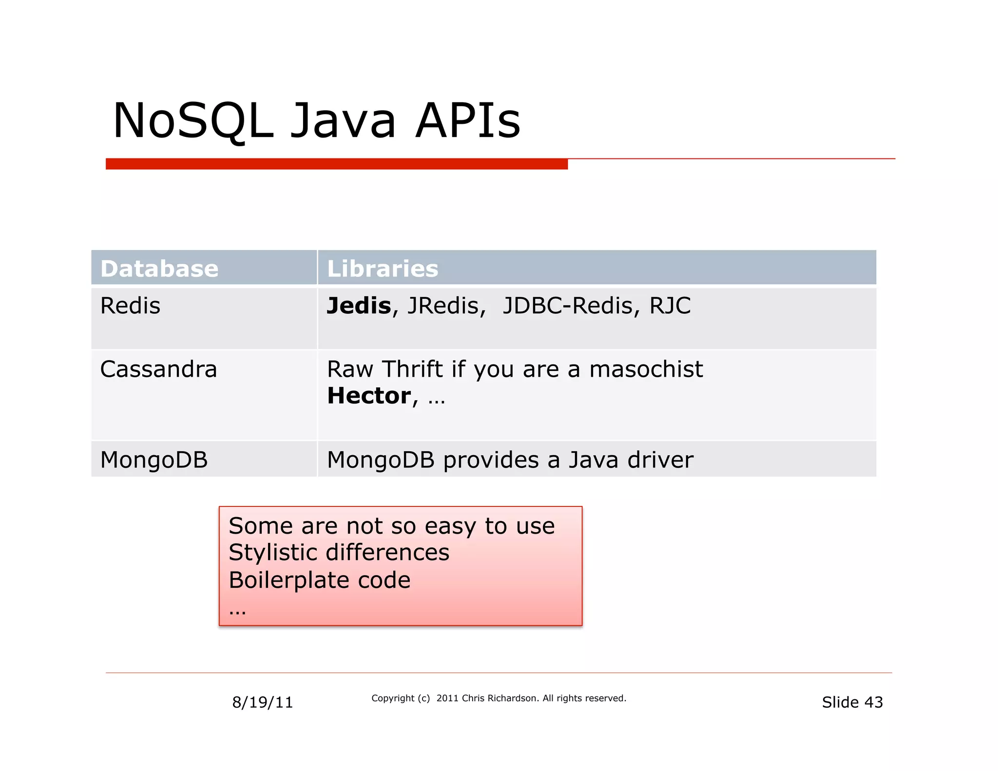 NoSQL Java APIs

Database              Libraries
Redis                 Jedis, JRedis, JDBC-Redis, RJC

Cassandra             Raw Thrift if you are a masochist
                      Hector, …

MongoDB               MongoDB provides a Java driver

            Some are not so easy to use
            Stylistic differences
            Boilerplate code
            …



            8/19/11      Copyright (c) 2011 Chris Richardson. All rights reserved.
                                                                                     Slide 43
 