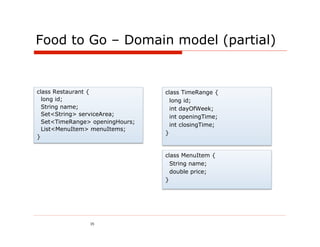 Food to Go – Domain model (partial)


class Restaurant {               class TimeRange {
  long id;                         long id;
  String name;                     int dayOfWeek;
  Set<String> serviceArea;         int openingTime;
  Set<TimeRange> openingHours;
                                   int closingTime;
  List<MenuItem> menuItems;
                                 }
}


                                 class MenuItem {
                                   String name;
                                   double price;
                                 }




                35
 