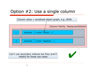 Option #2: Use a single column
         Column value = serialized object graph, e.g. JSON


                                                     Column Family: RestaurantDetails
            2          attributes: { name: “Montclair Eggshop”, … }
     1          attributes     { name: “Ajanta”, …}




     2          attributes     { name: “Eggshop”, …}




Can’t use secondary indexes but they aren’t
        helpful for these use cases                                   ✔
                  45
 