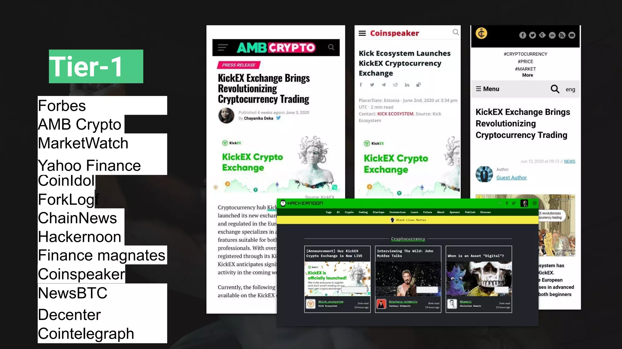 Tier-1
AMB Crypto
Coinspeaker
CoinIdol
ForkLogf
gggg
g
ChainNews
Hackernoon
Forbes
Finance magnates
MarketWatch
Yahoo Finance
NewsBTC
Decenter
Cointelegraph
 