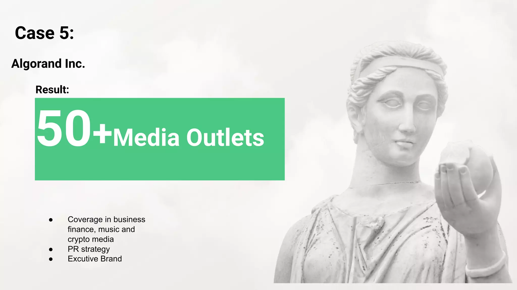 50+Media Outlets
● Coverage in business
finance, music and
crypto media
● PR strategy
● Excutive Brand
Case 5:
Algorand Inc.
Result:
 
