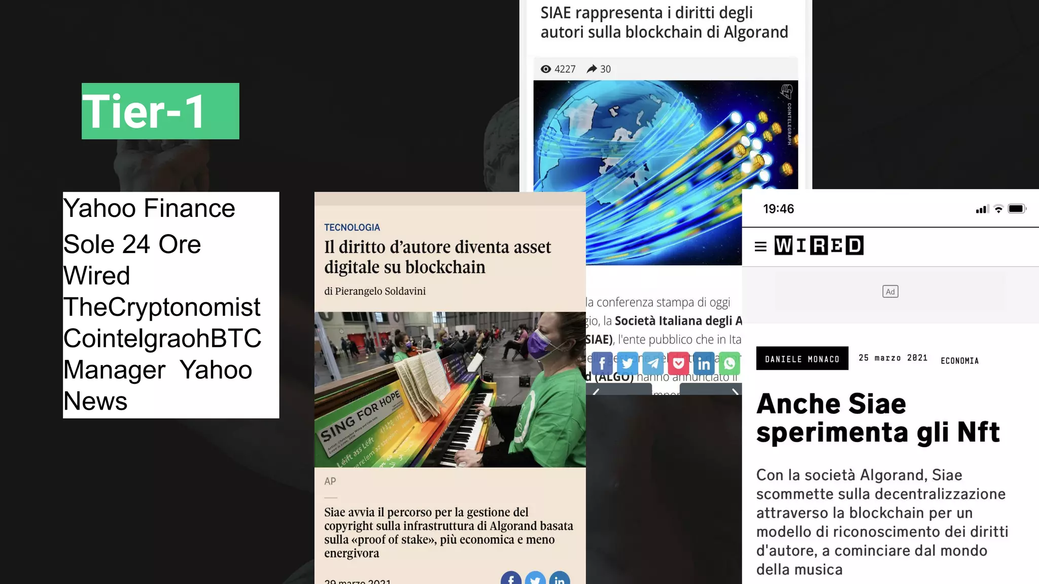 Tier-1
Yahoo Finance
Sole 24 Ore
Wired
TheCryptonomist
CointelgraohBTC
Manager Yahoo
News
 