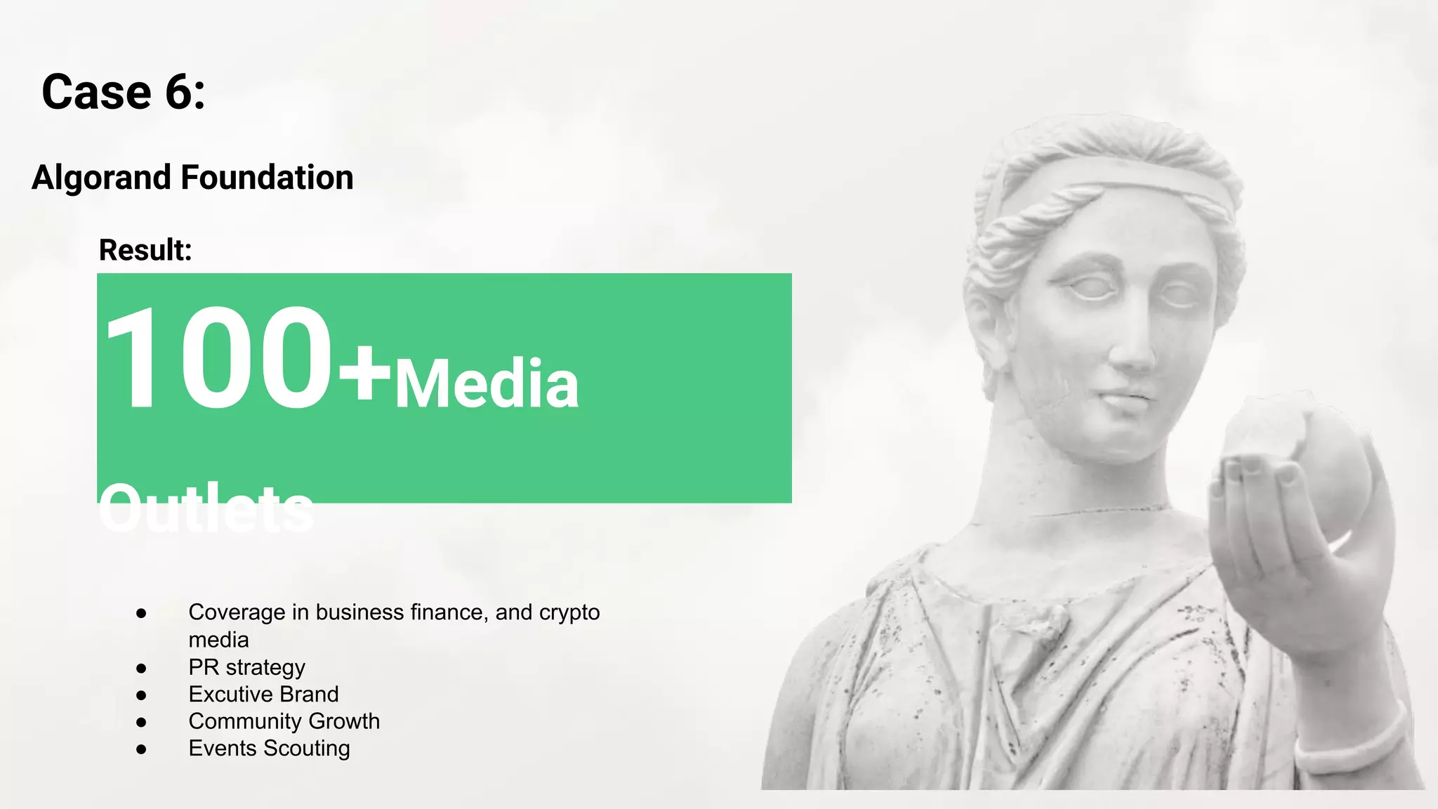 100+Media
Outlets
● Coverage in business finance, and crypto
media
● PR strategy
● Excutive Brand
● Community Growth
● Events Scouting
Case 6:
Algorand Foundation
Result:
 