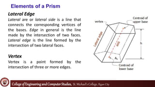 Collegeof EngineeringandComputerStudies, St. Michael’s College, Iligan City
Elements of a Prism
Lateral Edge
Lateral are or lateral side is a line that
connects the corresponding vertices of
the bases. Edge in general is the line
made by the intersection of two faces.
Lateral edge is the line formed by the
intersection of two lateral faces.
Vertex
Vertex is a point formed by the
intersection of three or more edges.
 