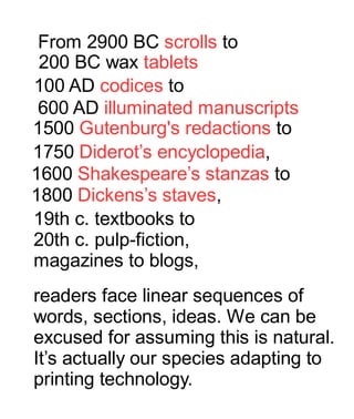19th c. textbooks to
20th c. pulp-fiction,
magazines to blogs,
readers face linear sequences of
words, sections, ideas. We can be
excused for assuming this is natural.
It’s actually our species adapting to
printing technology.
1750 Diderot’s encyclopedia,
1500 Gutenburg's redactions to
600 AD illuminated manuscripts
200 BC wax tablets
100 AD codices to
From 2900 BC scrolls to
1600 Shakespeare’s stanzas to
1800 Dickens’s staves,
 