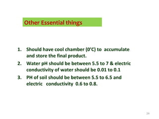 Other Essential things
1. Should have cool chamber (0’C) to accumulate
and store the final product.
2. Water pH should be between 5.5 to 7 & electric
conductivity of water should be 0.01 to 0.1
3. PH of soil should be between 5.5 to 6.5 and
electric conductivity 0.6 to 0.8.
24
 
