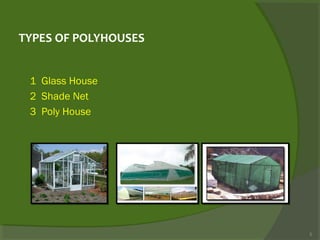 TYPES OF POLYHOUSES
1 Glass House
2 Shade Net
3 Poly House
5
 