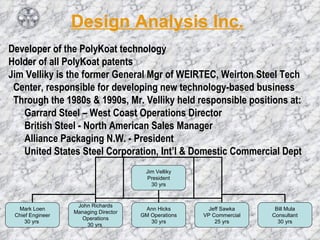 Design Analysis Inc. Developer of the PolyKoat technology Holder of all PolyKoat patents Jim Velliky is the former General Mgr of WEIRTEC, Weirton Steel Tech  Center, responsible for developing new technology-based business  Through the 1980s & 1990s, Mr. Velliky held responsible positions at: Garrard Steel – West Coast Operations Director British Steel - North American Sales Manager Alliance Packaging N.W. - President United States Steel Corporation, Int’l & Domestic Commercial Dept Jim Velliky President 30 yrs Mark Loen Chief Engineer 30 yrs  John Richards Managing Director Operations 30 yrs  Ann Hicks GM Operations 30 yrs Jeff Sawka VP Commercial 25 yrs Bill Mula Consultant 30 yrs 