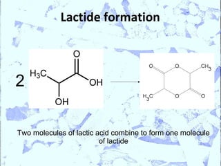 Lactide formation



2

Two molecules of lactic acid combine to form one molecule
                         of lactide
 