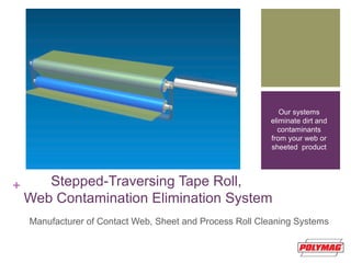 + Stepped-Traversing Tape Roll,
Web Contamination Elimination System
Manufacturer of Contact Web, Sheet and Process Roll Cleaning Systems
Our systems
eliminate dirt and
contaminants
from your web or
sheeted product
 