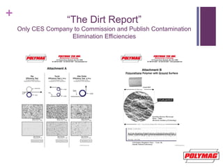 +
“The Dirt Report”
Only CES Company to Commission and Publish Contamination
Elimination Efficiencies
 