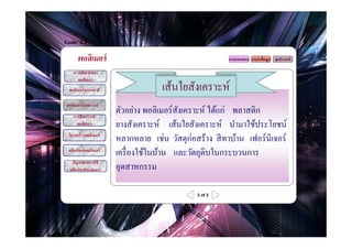 Code: 3.3


       พอลิเมอร์                                          แบบทดสอบ แหล่ งข้ อมูล จุดประสงค์

     ความหมายของ
       พอลิเมอร์
  พอลิเมอร์ ธรรมชาติ                  เส้นใยสังเคราะห์
 พอลิเมอร์ สังเคราะห์
     การสังเคราะห์
                         ตัวอย่าง พอลิเมอร์ สังเคราะห์ ได้แก่ พลาสติก
       พอลิเมอร์         ยางสังเคราะห์ เส้นใยสังเคราะห์ นํามาใช้ประโยชน์
  โครงสร้ างพอลิเมอร์
                         หลากหลาย เช่น วัสดุก่อสร้าง สี ทาบ้าน เฟอร์ นิเจอร์
  ผลิตภัณฑ์ พอลิเมอร์
                         เครื? องใช้ในบ้าน และวัตถุดิบในกระบวนการ
    ปัญหาจากการใช้
   ผลิตภัณฑ์ พอลิเมอร์   อุตสาหกรรม

                                                 3 of 3
 