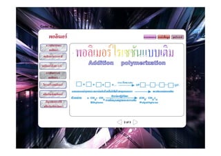 Code: 4.2


       พอลิเมอร์                      แบบทดสอบ แหล่ งข้ อมูล จุดประสงค์

     ความหมายของ
       พอลิเมอร์
                         .
  พอลิเมอร์ ธรรมชาติ

 พอลิเมอร์ สังเคราะห์
     การสังเคราะห์
       พอลิเมอร์
  โครงสร้ างพอลิเมอร์

  ผลิตภัณฑ์ พอลิเมอร์

    ปัญหาจากการใช้
   ผลิตภัณฑ์ พอลิเมอร์



                             2 of 3
 