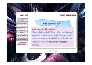 Code: 6.3


       พอลิเมอร์                                                แบบทดสอบ แหล่ งข้ อมูล จุดประสงค์

     ความหมายของ
       พอลิเมอร์
  พอลิเมอร์ ธรรมชาติ                     เทอร์มอพลาสติก
 พอลิเมอร์ สังเคราะห์
     การสังเคราะห์
                         เทอร์มอพลาสติก (Thermoplastic)
       พอลิเมอร์          เป็ นพลาสติกที?อ่อนตัวเมื?อได้รับความร้อน และเมื?ออุณหภูมิ
  โครงสร้ างพอลิเมอร์    ลดลงจะแข็งตัว ถ้าให้ความร้อนอีกก็จะอ่อนตัว พอลิเมอร์
  ผลิตภัณฑ์ พอลิเมอร์    แบบนีHมีโครงสร้างแบบเส้นหรื อโซ่ก?ิง มีการเชื?อมต่อระหว่าง
    ปัญหาจากการใช้       โซ่พอลิเมอร์นอยมาก เช่น พอลิเอทิลีน พอลิโพรพิลีน
                                      ้
   ผลิตภัณฑ์ พอลิเมอร์
                         พอสไตรี น

                                                     3 of 9
 